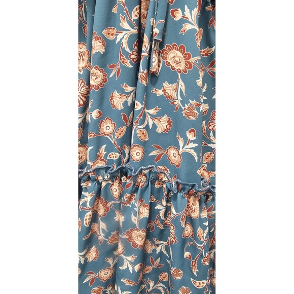 Bloomfield A-Line Floral Teal Brown Cream Spaghetti Strap Ruffled Sundress Large - Picture 2 of 12